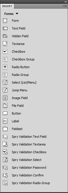 The Insert panel's Forms category gives you one-click access to all the different form elements—buttons, text fields, checkboxes, and more. Since the Forms category has so many buttons, you might want to turn off the labels that appear next to each icon as described on page 34. This step lets you see all the form buttons without taking up your monitor's entire height. Another option is to choose the "Classic" view from the Workspace switcher as described in the note on page 35. This moves the insert panel into a toolbar that runs along the top of the application (see Figure 12-28). (You can also just drag the Insert panel up to the top of the screen to turn it into a toolbar.)