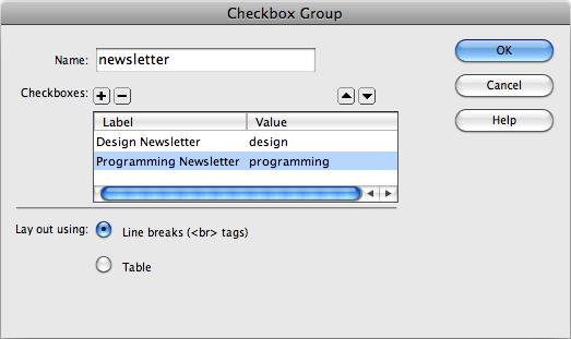 The Checkbox Group dialog box lets you quickly add multiple checkboxes to a page.