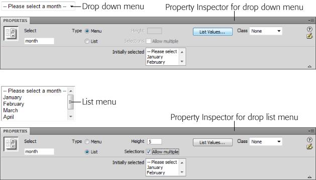 A menu (top) is a single compact line; a list (bottom) can take up any number of lines on the page. Use the first menu or list item to tell visitors what to do. For example, "--Please select a month--" or "--Select One--".