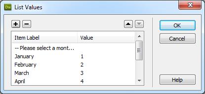 Using the + button, you can add an item to the end of a list; when you click in the list's last item's Value column, pressing Tab creates a new list item. To delete an item, select it, and then click the minus sign (_) button. You can move an item higher or lower in the list of options by selecting the item, and then clicking the up or down arrow buttons. Like radio buttons, pop-up menu and list items always flock together—nobody ever creates just one.