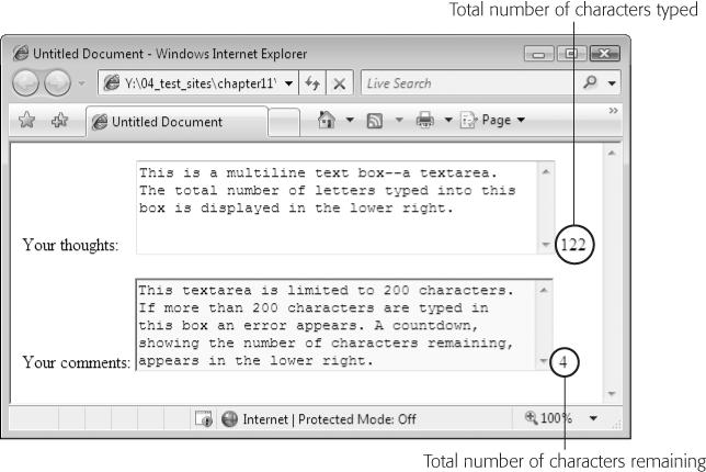 A Spry text area can include feedback regarding how many letters have been typed into a multiline text box (top). It's also possible to display a countdown that shows how many letters are still allowed before the limit is reached (bottom).