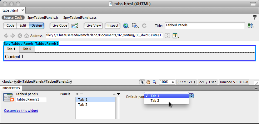 Normally, when a browser downloads a page containing Spry panels, it highlights the first tab and panel. However, if you'd rather open another panel when the page loads, select the relevant tab's name in the Property inspector's "Default panel" menu.