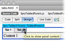 Dreamweaver displays an eye icon for all Spry widgets that include tabs and panels. Clicking the eye makes a currently hidden panel visible and ready to edit.