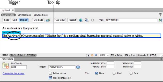 Spry tooltips can be confusing. Unlike a lot of other Spry elements, nothing on a page identifies a tooltip trigger. The telltale blue Spry tab you see with all other Spry widgets appears only above the tooltip box itself. In this figure, for example, the word "aardvark" in the top paragraph is the trigger—mousing over it pops open the tooltip below. But unless you remember that you tooltip-ified that word, simply scanning the page doesn't make you aware of its existence. In addition, in the Property inspector, to make any changes to the tooltip's settings, you have to click the blue tab above the tooltip <div>. You can't access the tooltip settings from the tooltip trigger text.