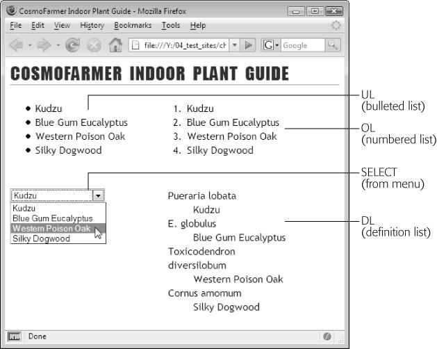 Dreamweaver provides different options for a Spry Repeat List, depending on the type of list you insert. For a numbered or bulleted list, you choose just one data element to display from the "Display column" menu (top); form menus and definition lists require two data elements (bottom). Once you insert the list, you can use the Bindings panel to add more data elements to it. If you want a bulleted list of employee names but also want to include the employee's phone extension as part of the list item—"Bob Jones (x456)"—insert the Spry list using the employee name, and then, from the Bindings panel, drag the phone extension number.