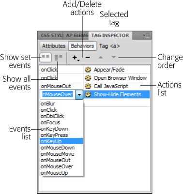 Dreamweaver's Behaviors panel lists all the behaviors you applied to the currently selected HTML tag. Because the same event can trigger multiple actions, Dreamweaver groups the actions by event. In this example, the onClick event for an <a> tag (a hyperlink) triggers two actions. When a visitor clicks this hyperlink, a page element appears or fades away (the Appear/Fade effect), and a new browser window opens. The order in which the behaviors occur is determined by their order in this panel. For instance, when a visitor clicks the link in this example, she sees the Appear/Fade effect first, and then a browser window opens. To change the order of these events, use the up- and down-pointing arrows. To change the type of event, click the event name and select a different event from the pull-down menu. If different events trigger all the actions, the order in which they appear in this panel is irrelevant, since the event itself determines when the action takes place, not the order of the event in this panel.