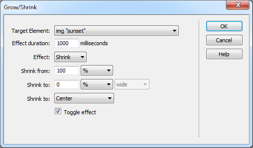 The "Grow from" menu ("Shrink from" if you selected the Shrink effect) determines the point on the page from which the element begins its growth on its way to achieving its full size. You can either make the element grow from its center or from its top-left corner. The "center" option makes the element appear to come straight at you (or recede straight from you when you select Shrink).