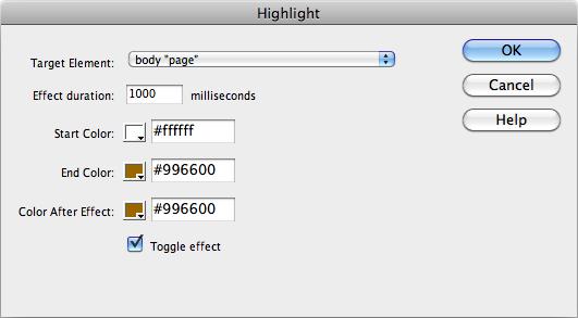 The "Toggle effect" checkbox lets you fade in a background color with a single action (for example, the click of a link) and then fade the background color out when the same event occurs again (when a guest clicks the same link a second time, for instance). But for it to look good, make sure the Color After Effect is the same as the End Color. Otherwise, the second time your visitor triggers the highlight (when he toggles the effect, in other words) the background won't fade smoothly back to the start color.