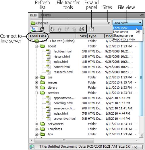 The Files panel, logically enough, lists files in the currently active website. A list of all the websites you defined in Dreamweaver appears in the Sites pop-up menu. To work on a different site, select its name (but be aware that you can also select files in your local file system, potentially tripping up Dreamweaver's Site Management tools—see the box on page 658). You can use the Files panel to connect to a web server and transfer files back and forth between your local and remote sites, as described on page 702. You can tell whether you're looking at the files on your computer, the web server, the testing server, or a Subversion repository by looking at the name that appears at the top of the file column. In this figure, for example, you're looking at files on your computer since the file view pane lists "Local view" (circled).