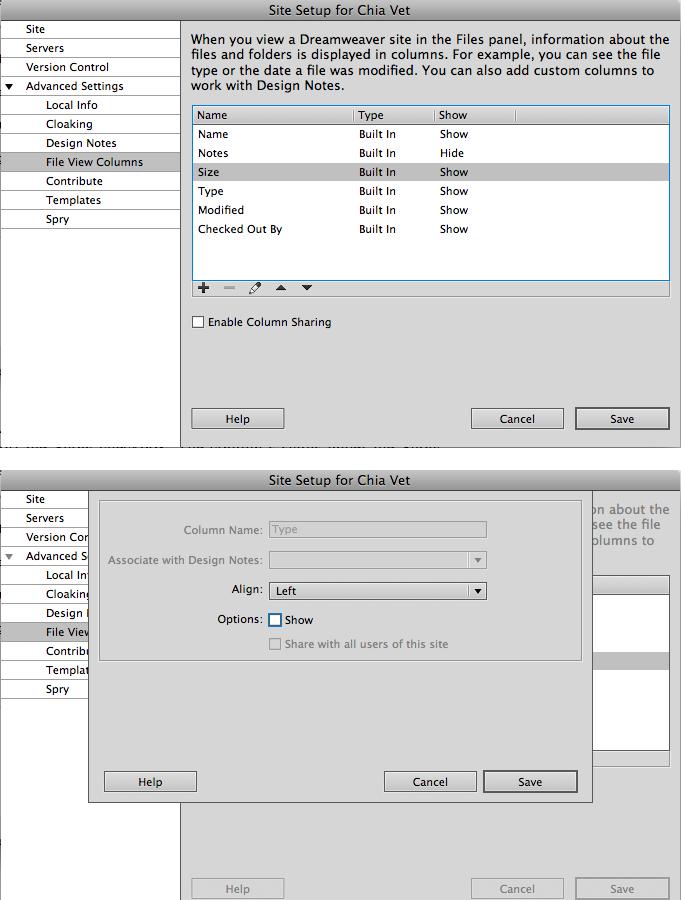 Use the File View Columns category to show or hide columns of information in the Files panel. You can rearrange the columns by selecting one and clicking the up or down arrow (pictured in top image). The up arrow moves the column to the left in the Files panel, while the down arrow scoots it over to the right. You can also use the Files View Columns category to work with Dreamweaver's collaborative note-sharing feature called Design Notes. Instructions on using Design Notes start on page 721.