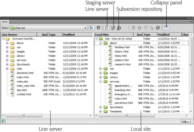 Click the Expand/Collapse button shown back in Figure 16-6 to maximize the Files panel and display two views simultaneously. This way, you can view both your remote server and local site at the same time. Local files normally appear on the right, but might be on the left, depending on the preference you set under the Site category of the Preferences window. (If you want to change this, press Ctrl+U [⌘-U] to open Preferences and then click the Site category.) The view that appears opposite the local files view—Remote Server, Testing, or Repository—depends on which view you selected before clicking the Expand button. To change views, click a different view button.