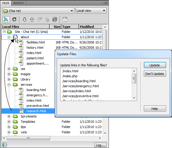 You can move files and folders within the Files panel just as you would in Windows Explorer or the Macintosh Finder. Simply drag the file into (or out of) a folder. But unlike your computer's file system, Dreamweaver constantly monitors the links between web pages, graphics, and other files. If you move a file using Windows Explorer or the Finder, you'll most likely end up breaking links to that file or, if it's a web page, breaking links within that file. By contrast, Dreamweaver is smart enough to know when moving files will cause problems. The Update Files dialog box lets you update links to and from the files you move so your site keeps working properly.