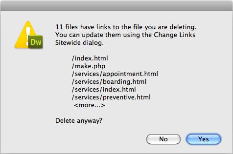 When you delete files in the Files panel, Dreamweaver tells you if other pages reference (link to) the file. If they do, you'll need to repair the links. Dreamweaver makes it easy to do so via the Change Links Sitewide command (see "Changing a Link Throughout a Site" on page 678)—and it reminds you of the feature in this dialog box.