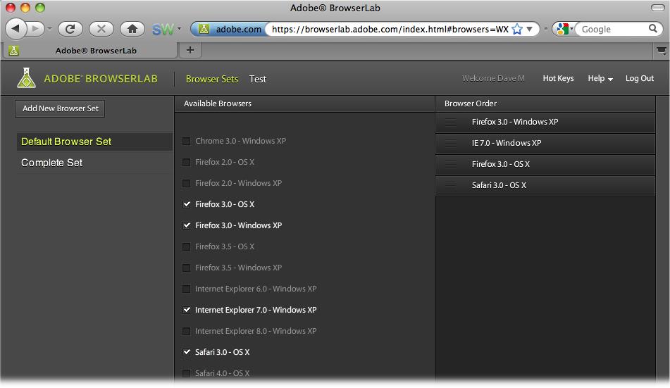 Adobe's BrowserLab service creates screenshots of your web pages in a variety of browser brands, browser versions, and operating systems. Click the Browser Sets button at the top of the screen to define which browsers you want to preview in, and create different browser sets. Once you tell BrowserLab which browsers to use, click the Test button at the top of the screen to return to the view for testing your Web pages.