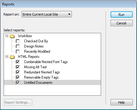 Dreamweaver's Site Reports feature makes quick work of finding common page errors. You won't use all these options, but at the very least make sure you check for missing Alt text (page 224) and any untitled documents before you put a new website up on the Internet.