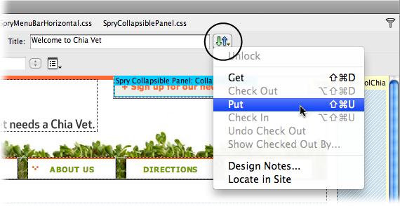 Click the File Status button (circled) and choose Put to quickly move a file to your web server. You can also use this menu to retrieve a copy of this file from the server (Get), use Check In and Out features (page 711), or review Design Notes (page 721) for the page. To select this file in the Files panel, choose "Locate in Site".