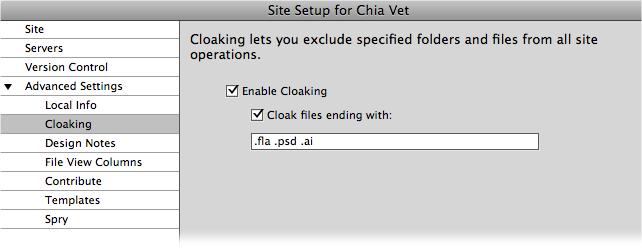 The Cloaking category of the Site Definition window lets you turn cloaking on and off—a feature that lets you hide folders, specific file types, and individual files from sitewide operations like transferring files to a web server or searching and replacing text. In this window, you can specify which types of files to hide by listing their extensions (.psd for Photoshop files, for example).