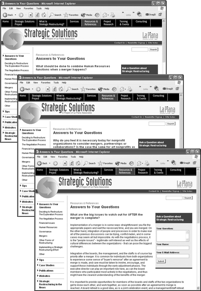 These three web pages are part of a section of a website dedicated to answering frequently asked questions. The pages each provide the answer to a different question, but are otherwise identical, sharing the same banner, navigation buttons, sidebar, and footer. Why rebuild the design for each one? Enter one of Dreamweaver's greatest timesaving features—Templates—which help you quickly build similar-looking pages, and make updating page designs a snap.