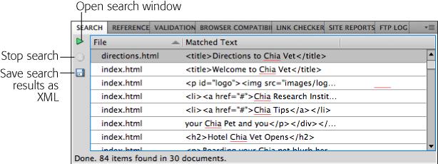 The green-arrow button reopens the "Find and Replace" window. Click the red Stop button to abort the current search (for example, when you inadvertently begin a search for "the" in a 10,000-page Web site). You can also save a rather useless XML file that provides a report of the results of the find-and-replace command (remember the old adage: Just because you can doesn't mean you should).