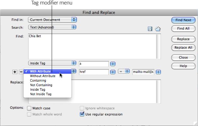 When you click the + button in the "Find and Replace" window, a new set of fields appears. Use these options to carefully hone your "Find and Replace" commands, and zero in on text that matches precise criteria.