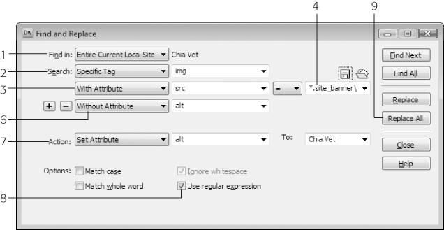 The numbers shown here correspond to the steps in this example, in which you want to add an <alt> tag to every occurrence of the banner logo for the benefit of people who can't, or don't want to, see graphics in their browsers.