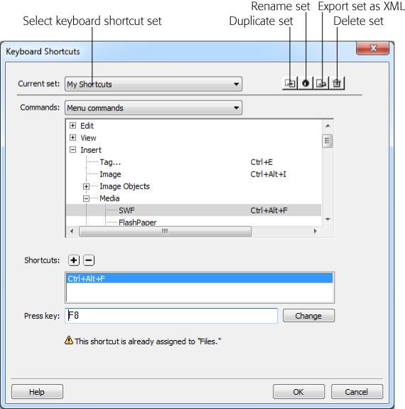 The Keyboard Shortcuts window lets you select or duplicate a shortcut set, as well as add and remove keyboard shortcuts for every menu item in Dreamweaver. You can also create keyboard shortcuts for Snippets (see Chapter 19). When you attempt to create a shortcut that another command already uses, Dreamweaver warns you. If you wish, you can ignore the warning and reassign the keys to the new command.