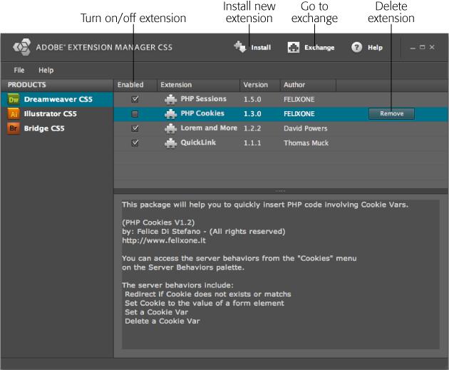 The Extension Manager window lists each extension you install, along with its version number, type, and author. If you select an extension from the list, a description appears in the bottom half of the window. Adobe Bridge (listed here on the left) is a program for managing visual "assets" among the various programs that make up Adobe's Creative Suite, like Photoshop and Illustrator. Since Bridge's emphasis is on visual media—not web pages—it's not as useful for web developers as it is for graphics designers. If you want to learn more about Bridge visit www.adobe.com/products/creativesuite/bridge/.