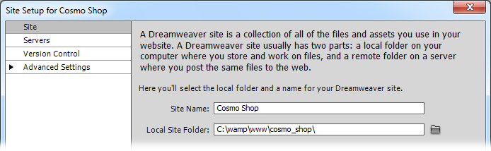 Setting up a dynamic site starts the same way as setting up a regular, plain old HTML site: name the site and tell Dreamweaver where to find its files.