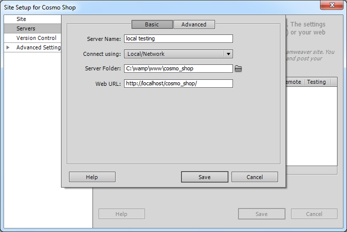 You want to test your dynamic site locally (on your own computer) before you upload your files to a live server on the Web. To do that, you need to tell Dreamweaver where to find the local testing server. Your setup window should look like this when you're done.