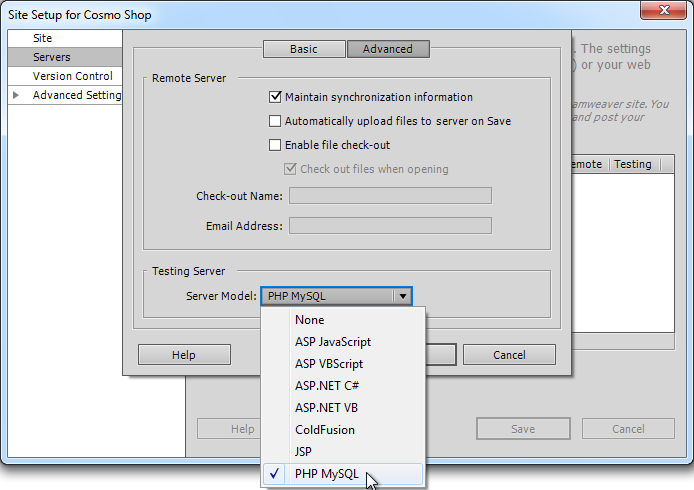 The Advanced server settings in the Site Setup window let you choose options related to your live web server on the Internet (a.k.a. "Remote server" options), and pick the server model you'll use when you build your pages. Although the list includes JSP, ASP.NET C#, ASP.NET VB, and ASP JavaScript, none of these models let you tap into Dreamweaver's easy-to-use server-side programming tools. The only effect these options have is when you build a new, blank web page—Dreamweaver creates a file with the correct file extension (.jsp, .aspx, for example), but that's about it.