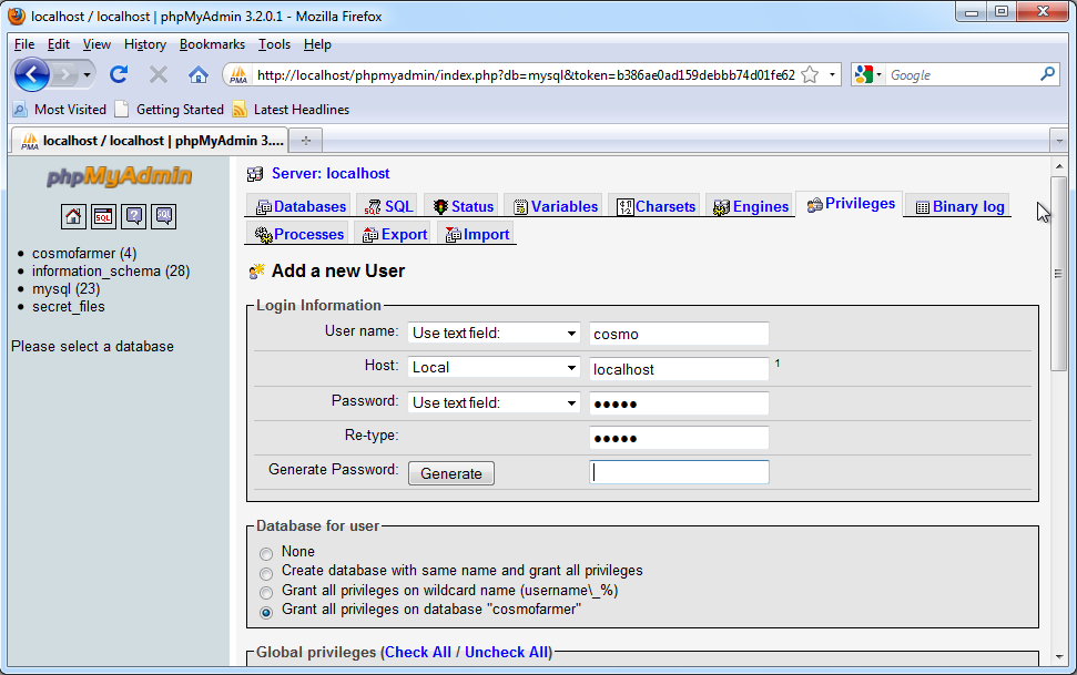 To create a new database user, just supply a name, choose where the user can access the database from (usually localhost), and then type a password.