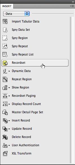 The Insert panel's Data category gives you one-click access to many powerful "application objects," which automate common dynamic-web-page-building tasks. Actually, the first five buttons don't require dynamic web pages: The first lets you import data from a text file and creates a table from it in your document (described on page 280), while the next four are Spry Data objects (seepage 544). (You'll learn about the Data category's Insert, Update, and Delete Records buttons in the next chapter, the User Authentication features in Chapter 26, and XSL Transformation, the last option, in Chapter 27.)