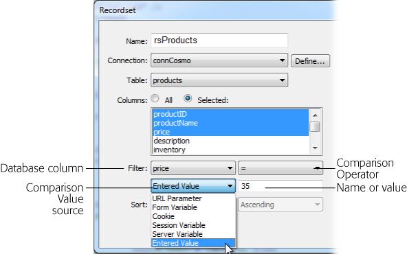 Use a filter to identify and retrieve data for a single record or collection of records in a database. Dreamweaver gives you several ways to apply filters. The three most common are: filter criteria embedded in a URL (click a link to a product on Amazon's home page and you'll see a long list of cryptic characters tacked onto the end of the URL); via a form a visitor submits to your site; or simply based on a value you type into the recordset window. (You'll find out about three other, more advanced filter options—cookies, session variables, and server variables—on page 981.)