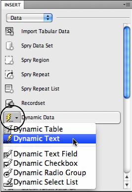 On the Insert panel's Data category, the Dynamic Data button (circled) lets you add a variety of dynamic data to a web page—from form fields filled in with information retrieved from a database to a complete table based on a recordset. (As discussed on page 23, you have many ways to control the placement and appearance of the Insert Panel, so your setup might not exactly match this figure.)