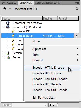 The PHP server model doesn't have too many useful formatting options; however, one of them, "Encode _ HTML Encode", may come in handy if your database stores HTML code (this option is called "Encode— Server.HTML Encode" in the ASP server model). For example, maybe you created a bulletin board whose messages are stored in a database. When you add one of those messages to a page, applying the "Encode _ HTML Encode" format ensures that web browsers don't render any code in a message as part of your page. Instead, any HTML in that dynamic text appears to visitors as code. Similarly, if there's any chance a data field might store a bracket like this <, the Encode formatting option prevents a browser from thinking that the opening bracket is the start of an HTML tag—a situation that could make your page not appear at all!