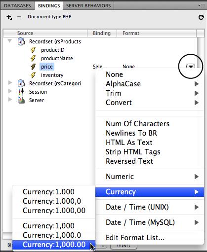 The PHP Server Formats extension is really the only useful way to use the Binding panel's formatting options for the PHP server model. The most useful options are "HTML to Text" (which works the same as the Encode _ HTML Encode option discussed in Figure 24-10); the Currency menu to display a number like 1200 in a currency format such as 1,200.00; and the Date/Time (MySQL) menu which lets you take a date and time in MySQL format and re-write in many more user-friendly ways, such as Monday, December 31, 2010 or simply 12/31/2010.