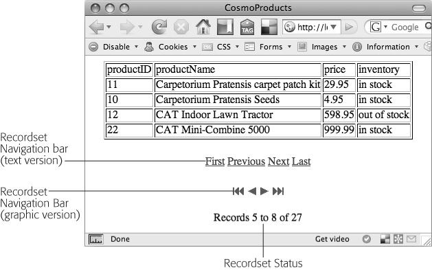 Dreamweaver's Recordset Navigation Bar object prevents information overload by letting your visitors step through database info one small chunk at a time. The Recordset Status message also keeps visitors informed about how many records are available.