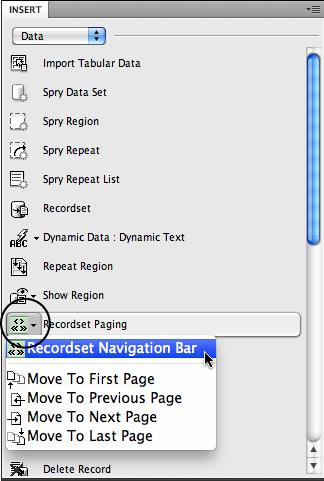 The Recordset Paging button lets you insert a navigation bar so visitors can navigate a long list of records. In addition, if you want to build your own recordset navigation system, you can individually apply server behaviors like "Move to First Page" and "Move to Next Page". You'll find these server behaviors discussed on page 990.