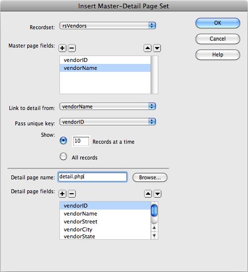 The Insert Master Detail Page Set window lets you quickly create two common types of dynamic pages: one that lists many records in a database, and another that shows detailed information about a single database record.