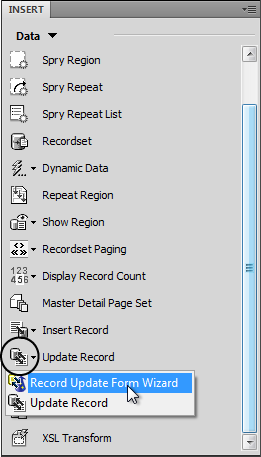 As discussed in "The Insert Panel", you can call up the Insert Panel several ways. Shown here is Dreamweaver's standard, out-of-the-box Insert Panel icons. To save screen space, click the category menu (for example, Data, in this case) and choose Hide Labels. Only the small icons remain in the menu, freeing up lots of space for other important panels—or that YouTube video you've been meaning to watch.