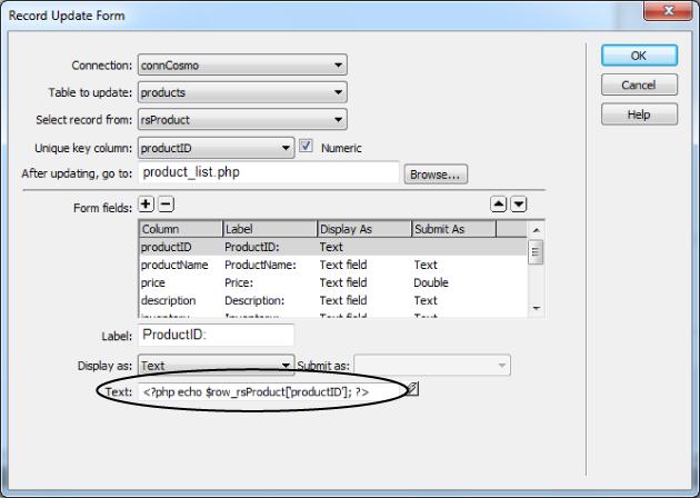 A form field's default value is what you see on the web page. When you update a form using the Update Record Form Wizard, Dreamweaver fills out the default value (circled) for each form field using the proper information from the database.