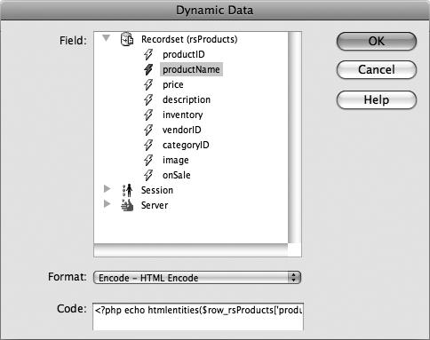 The Dynamic Data window lets you add information from a recordset to form fields, so parts of a form can be pre-filled out. This ability is exactly what you want when updating information already in the database. In fact, the Dynamic Data window displays and lets you use additional data sources (like URL variables) that you've added to the page (see "Additional Data Sources" on page 981).