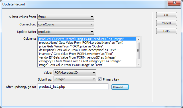 The Update Record window is similar to the Record Update Form window (Figure 25-6). Here, though, you must manually associate a form element with the correct database column.