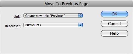 Recordset-paging behaviors—like the "Move to Previous Page" behavior—can add a new link to preset text (for example, "Previous"), or add a link to text or an image you select on the page. You can also use the menu to select any link already on the page. That's usually not a good idea, however, since Dreamweaver erases the link you previously applied.