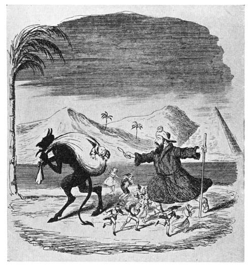 LEGEND OF ST MEDARD. The Saint has slit the bag in which the fiend is carrying children. From "The Ingoldsby Legends," 1842.