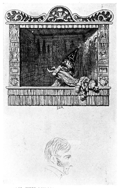 PUNCH THROWING AWAY THE BODY OF THE SERVANT. From "Punch and Judy," 1828 (early proof). The portrait of George Cruikshank below his initials does not appear in the book.