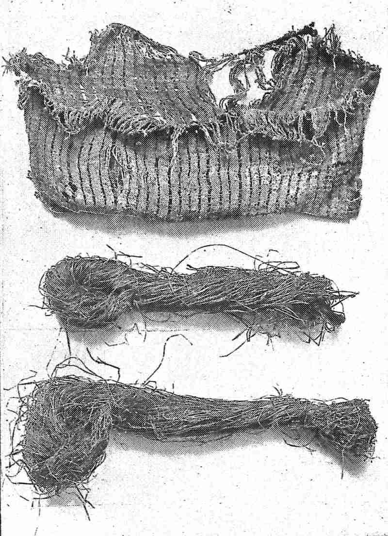 FRAYED BAG AND SKEINS OF HEMP FIBER.