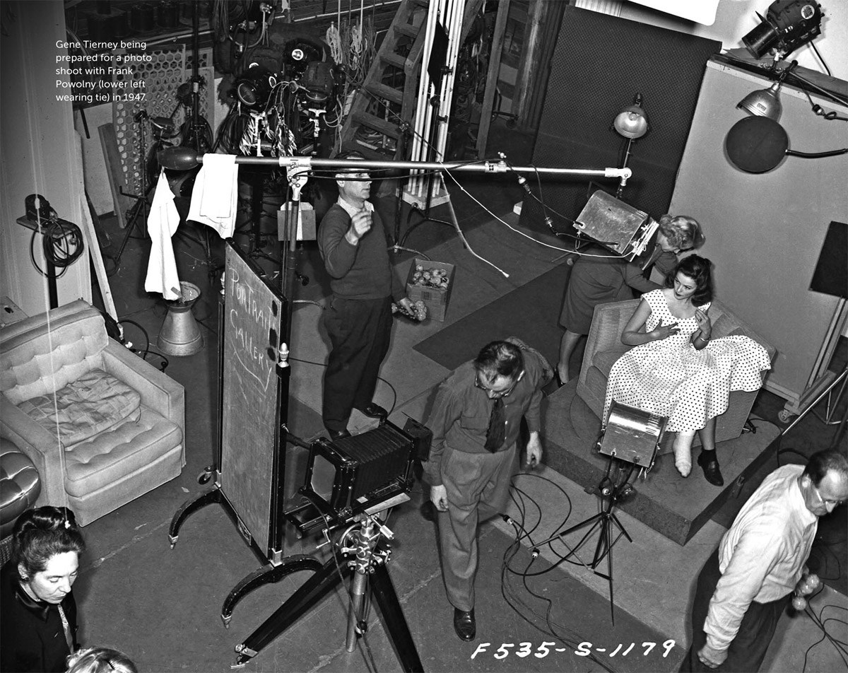 Gene Tierney being prepared for a photo shoot with Frank Powolny (lower left wearing tie) in 1947.