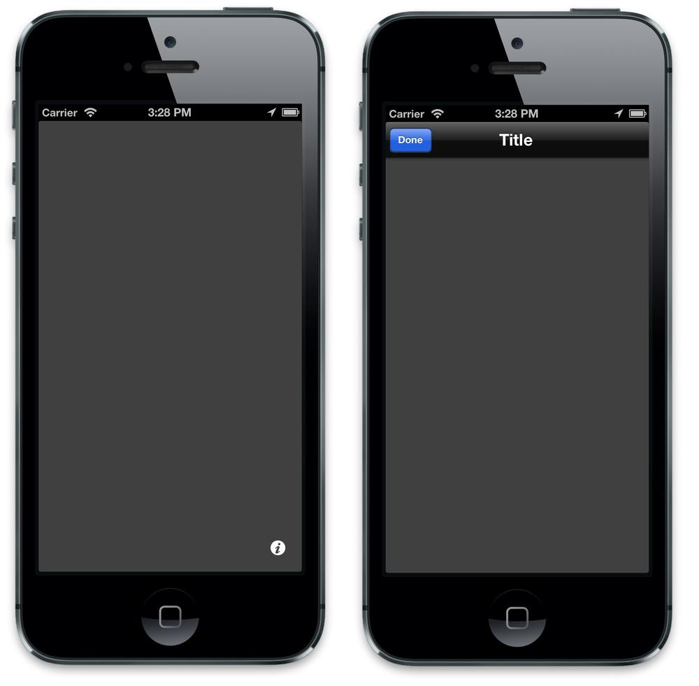 The basic Utility Application running in the iPhone Simulator, showing the front side (left) and flipside (right) views