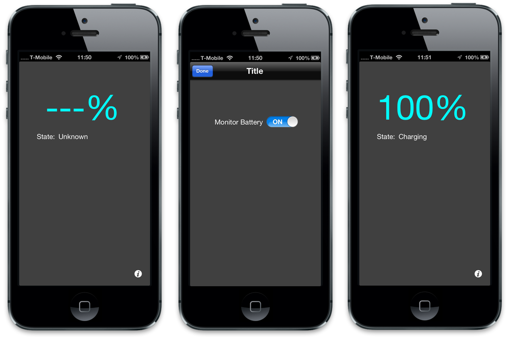 The BatteryMonitor application, as it initially starts up (left), the flipside (middle), and charging from my Mac (right)